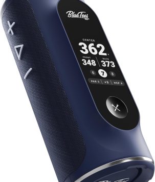 Blue Tees Golf Player+ GPS Speaker with Touch Screen Display, 10+ Hours Battery, 40,000+ Courses, Visual + Audible Distance, Hazard Distance - IPX7 Waterproof (Navy)